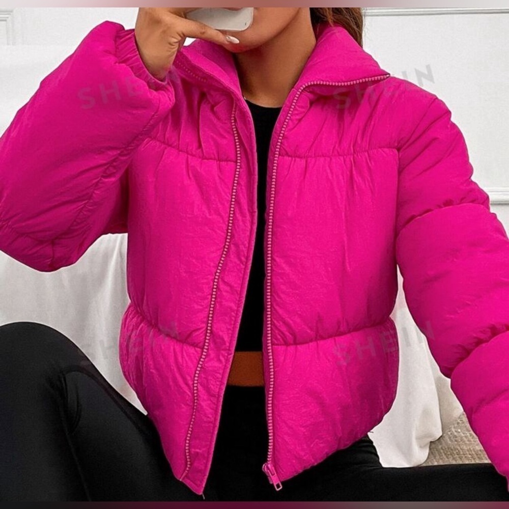SHEIN EZwear Pink‎ Dopamine Solid Zip Up Puffer Coat